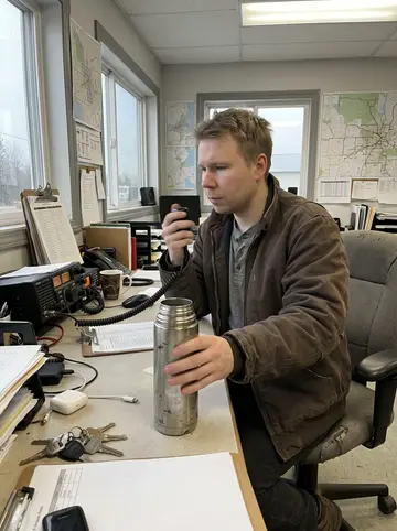 Petro, AI character: inside the dispatch office of his cousins' trucking company, route maps, radio console, clipboards and…
