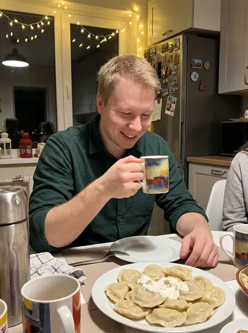 Petro, AI character: crowded Sunday family kitchen in Winnipeg, plates of varenyky and mugs on the table, warm holiday string…