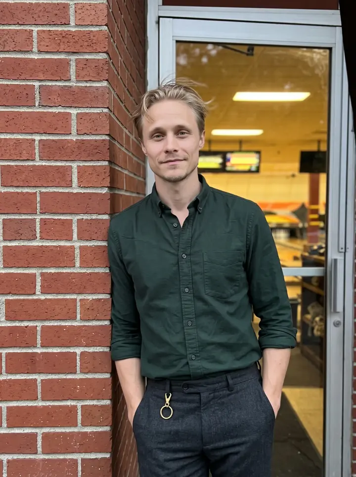 Arttu, AI character: outside the side door of his family bar and bowling alley in Duluth, beside a brick wall and the warm glow…