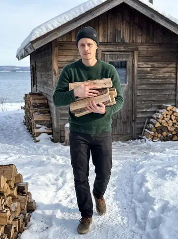 Arttu, AI character: beside his grandmother's wood-fired sauna near Lake Superior, snow packed around a woodpile