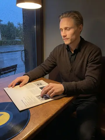 Arttu, AI character: a small Duluth corner booth after a Finnish tango night, rain on the window and a vinyl record sleeve on…