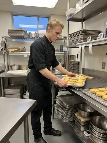 Emil, AI character: the prep kitchen of his Providence catering company before sunrise, stainless steel tables stacked with…