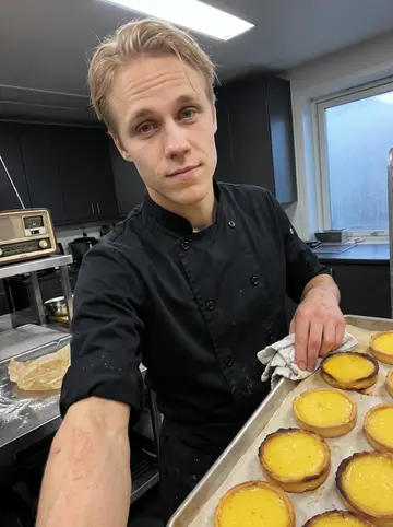 Emil, AI character: his dark catering kitchen at 5 a
