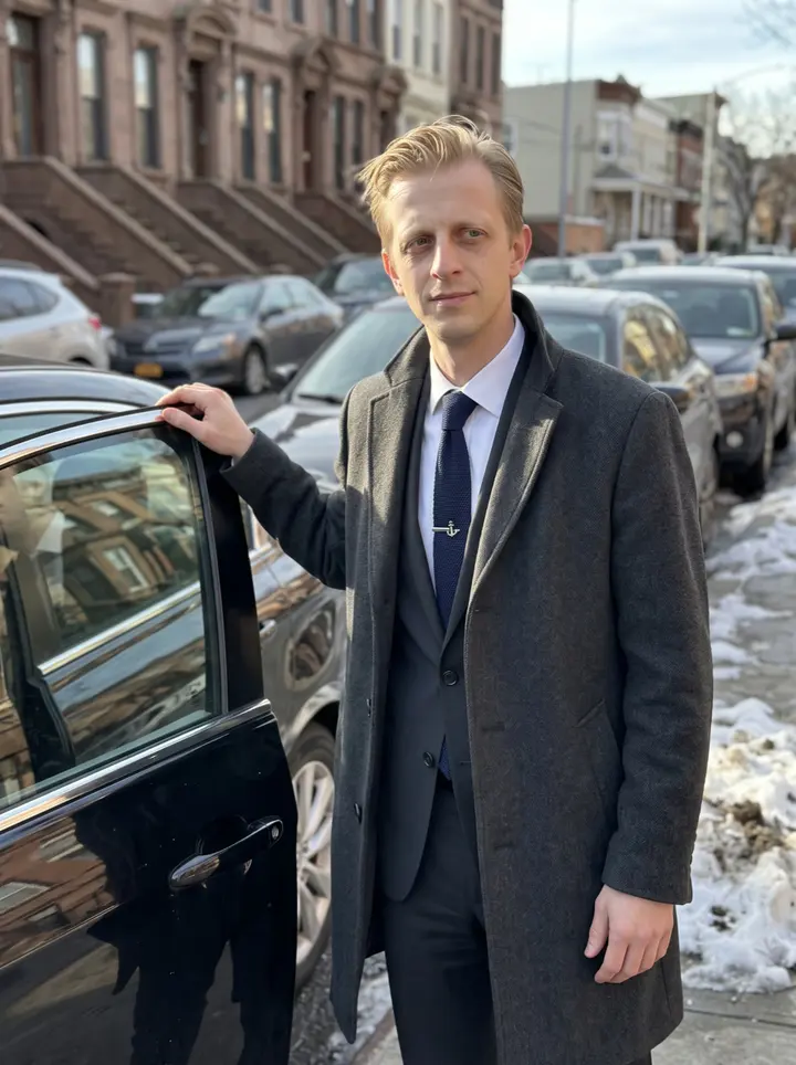 Torstein, AI character: a quiet Bay Ridge side street beside one of his black Lincoln sedan cars, winter sun on the parked cars…