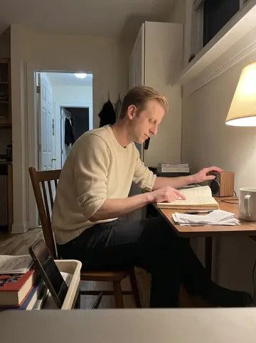 Torstein, AI character: his Brooklyn apartment desk late at night with an old notebook of Norwegian ballads, a small speaker, and…