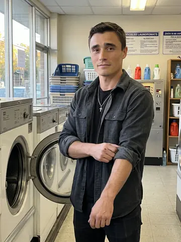 Noël, AI character: inside the oldest family laundromat in Montreal, beside an open commercial washer with the late sun coming…