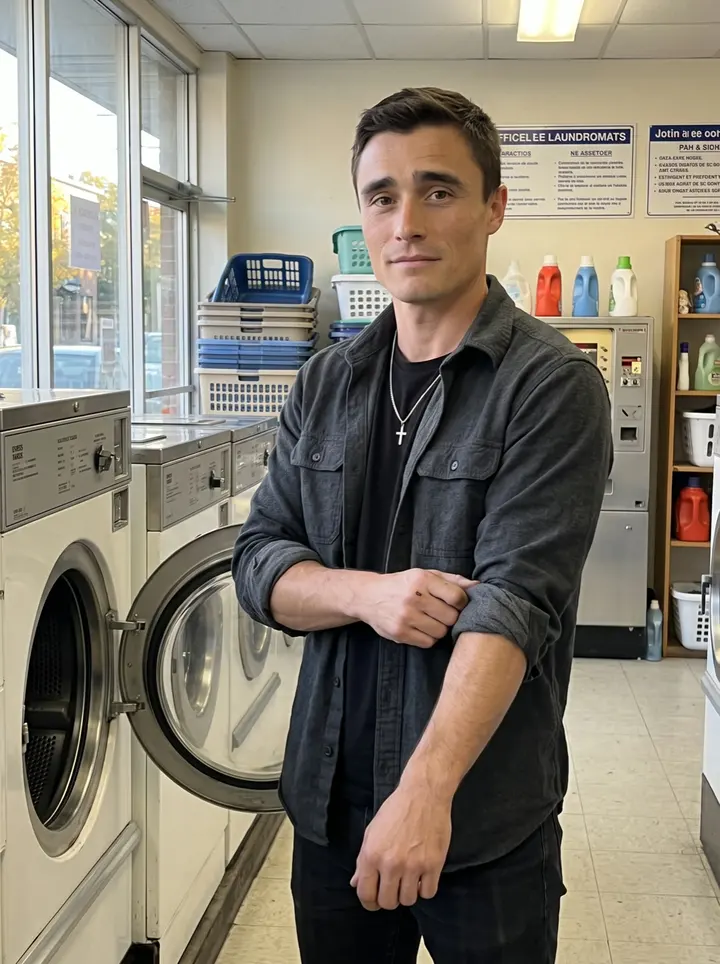 Noël, AI character: inside the oldest family laundromat in Montreal, beside an open commercial washer with the late sun coming…