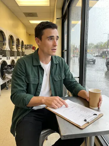 Noël, AI character: a small metal table near the laundromat front window while rain streaks the glass and dryers run behind him
