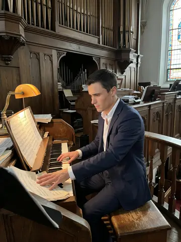 Noël, AI character: the organ loft of an old Montreal church on a Sunday morning, wooden pipes and sheet music around him
