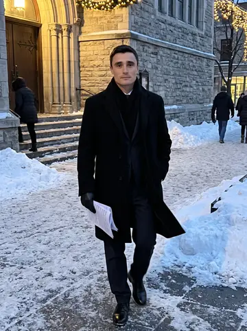 Noël, AI character: a snowy Montreal sidewalk outside the church after evening service, warm holiday lights strung along the…