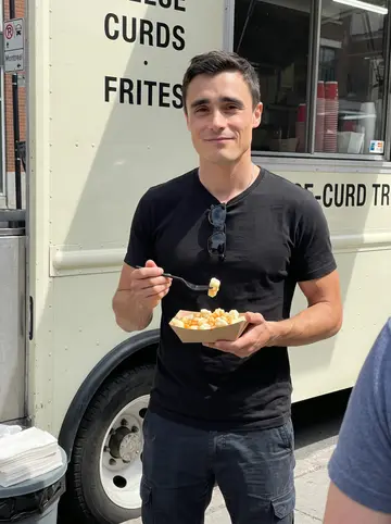 Noël, AI character: beside his favorite Quebecois cheese-curd truck near a Montreal curb on a bright summer lunch break
