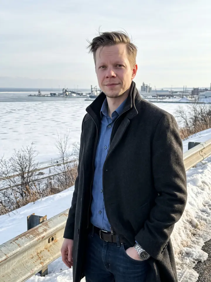 Tommi, AI character: a plowed overlook above Duluth Harbor on a clear cold afternoon, Lake Superior bright behind him