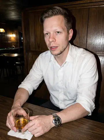 Tommi, AI character: a low-key Duluth neighborhood bar after closing paperwork, wood paneling and a half-finished rye whiskey…