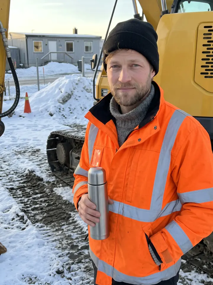 Eirik, AI character: the company yard in Trondheim on a cold clear morning, leaning against the track of a yellow excavator…