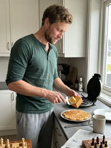 Eirik, AI character: his kitchen on a Sunday morning, a waffle iron, a plate of heart-shaped waffles and a block of brunost on…