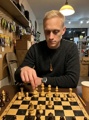 Olli, AI character: a back table at a Duluth bait shop where he plays Wednesday chess with an old retired fisherman