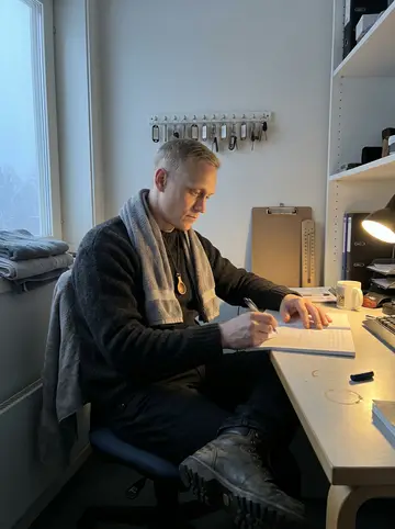 Olli, AI character: the small office behind the sauna at 5 a