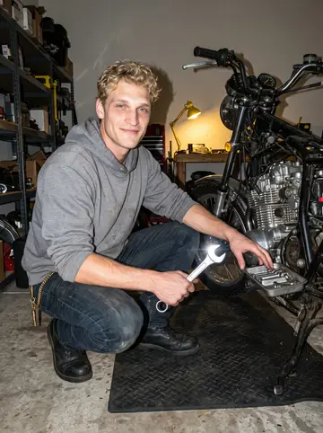 Frederik, AI character: the cramped yard office late at night, a partly rebuilt 1978 Husqvarna motorcycle on a rubber mat beside…