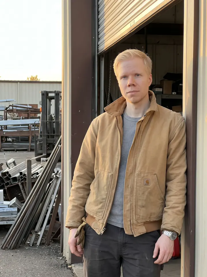 Petri, AI character: outside the open roll-up door of his recycling yard workshop in Duluth, stacks of sorted metal and a…