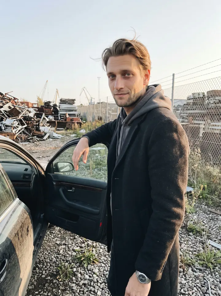 Nils, AI character: the back lane of the scrap yard outside Malmö, beside his old dark-blue Volvo 240 with stacked metal and…