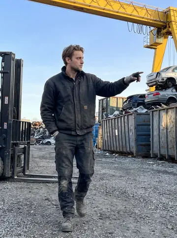 Nils, AI character: inside the scrap metal yard, on packed gravel between a yellow crane, stacked car shells and a sorting…