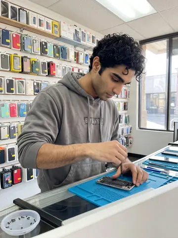 Samir, AI character: behind the repair counter of his family's phone-repair shop in Dearborn, trays of small screws and phone…