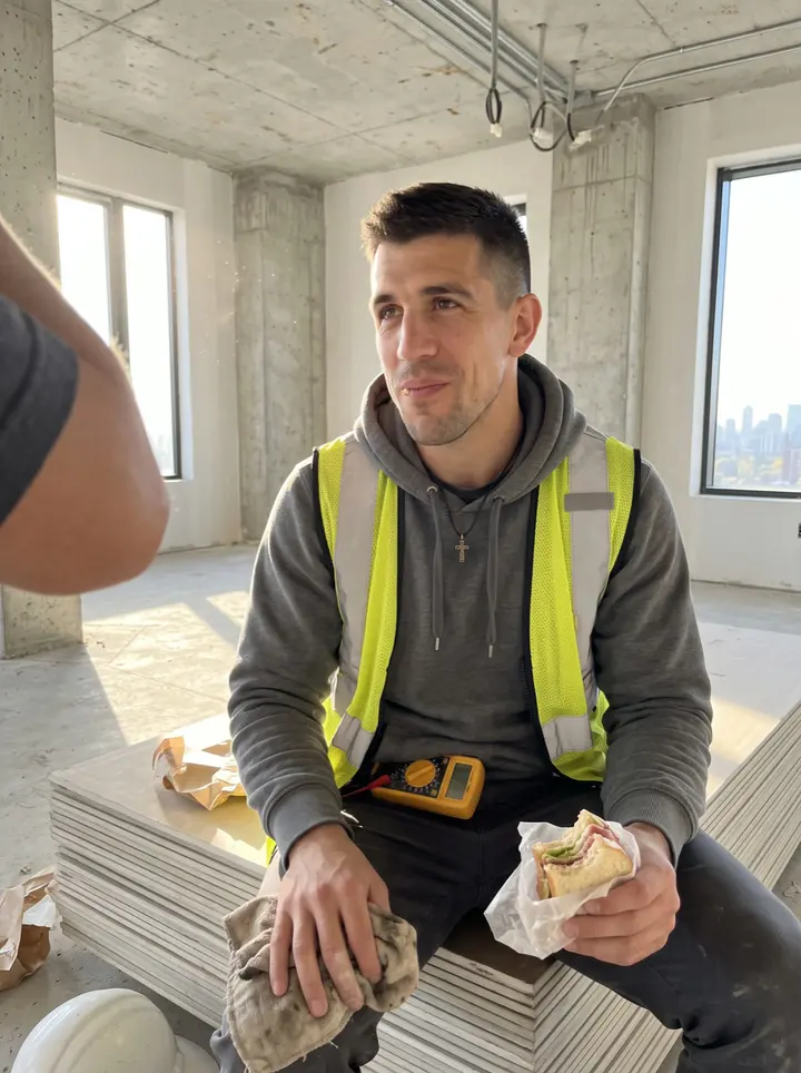 Andrej, AI character: unfinished upper floor of a condo tower in the Chicago Loop, bare concrete, exposed conduit, open window…