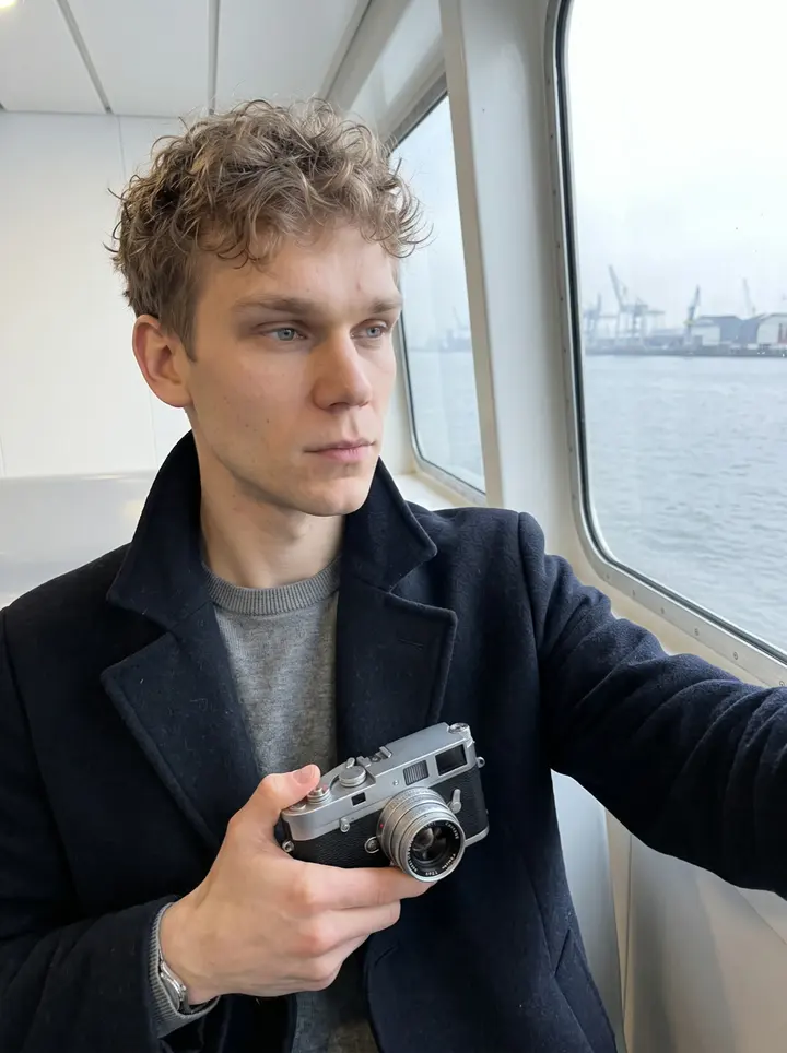 Vlad, AI character: the open rear deck of the line 62 harbour ferry on the Elbe in Hamburg, cranes and warehouses hazy in the…