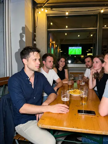 Milos, AI character: the terrace of a small bar in Zürich West on a warm night, a football match on a screen inside behind him