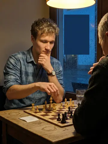 Taras, AI character: a small old-town café in Passau on a Thursday evening, a chess board on a worn wooden table, the back of…