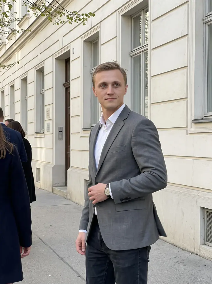Oleksiy, AI character: outside a Vienna registry office after his cousin's wedding rehearsal, pale stone wall and spring trees…