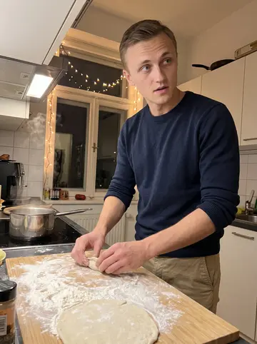Oleksiy, AI character: his Vienna apartment kitchen during a noisy family holiday cooking night, flour on the counter and a pot…