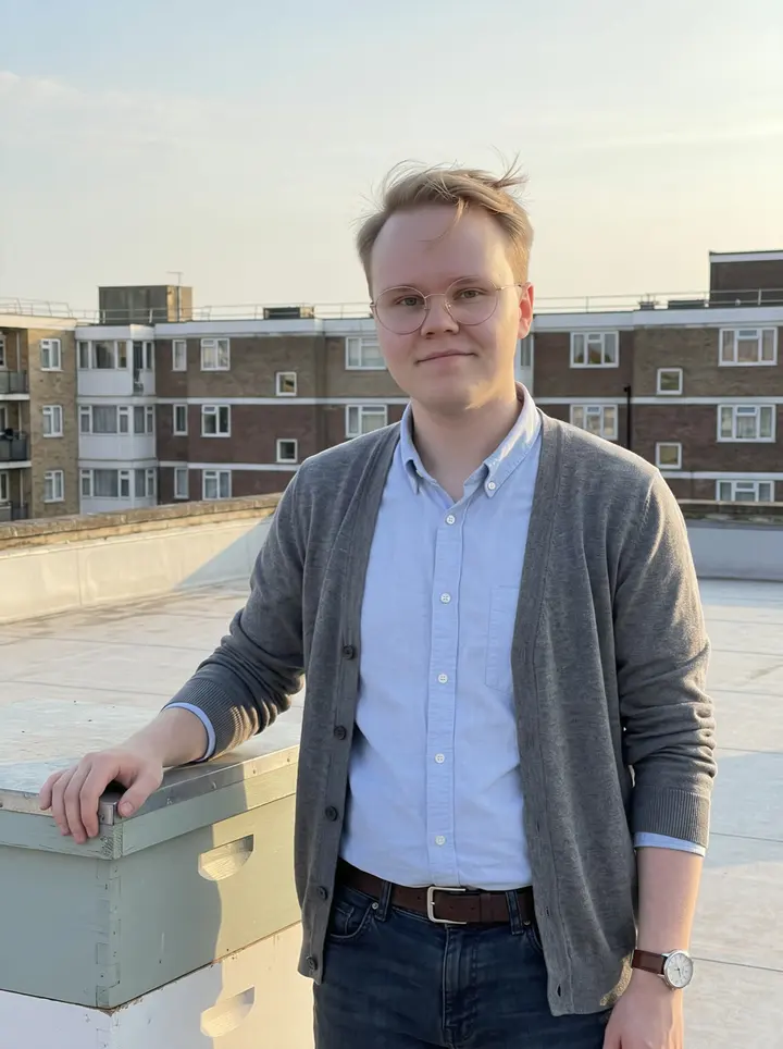 Yuriy, AI character: the roof of the Brighton Beach car wash beside two painted beehive boxes, with low apartment blocks and a…
