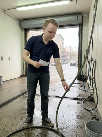 Yuriy, AI character: inside one open wash bay at the Brooklyn car wash, wet concrete floor, soap hose looped near his feet,…