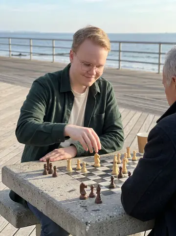 Yuriy, AI character: a concrete chess table on the Brighton Beach boardwalk, older men partly cropped around the table, ocean…
