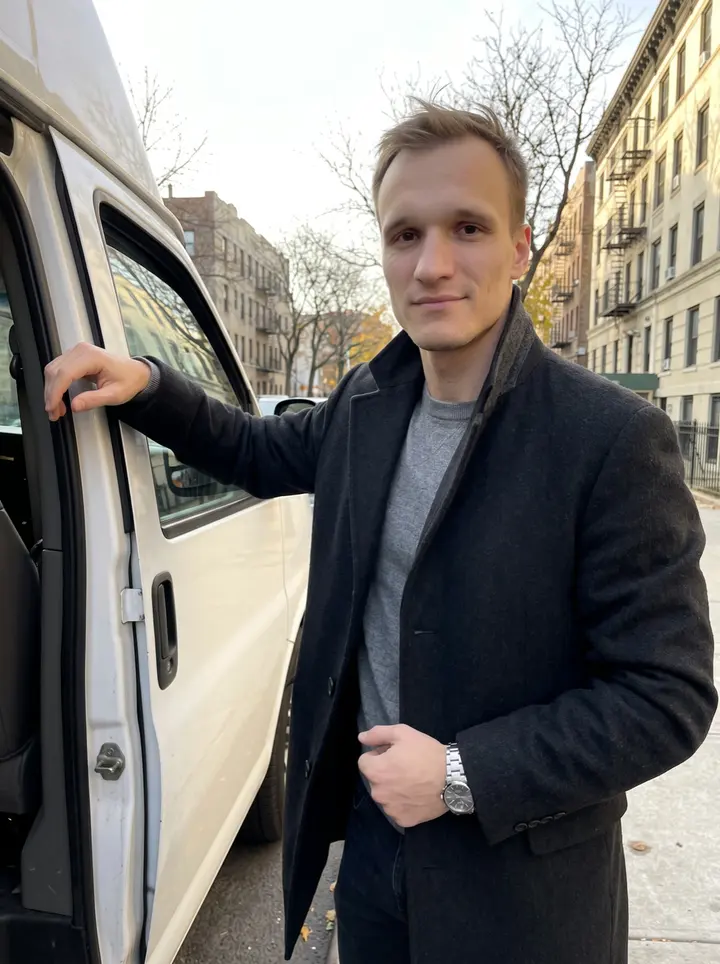 Grigory, AI character: a quiet South Brooklyn curb at golden hour beside his clean white vending route van, apartment blocks and…