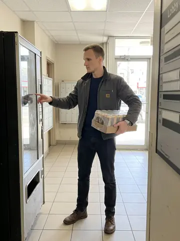 Grigory, AI character: inside a Brighton Beach apartment building lobby, next to an old vending machine he services on his…