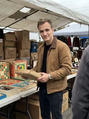 Grigory, AI character: a New Jersey flea market aisle with folding tables stacked with old Soviet board games and mismatched…