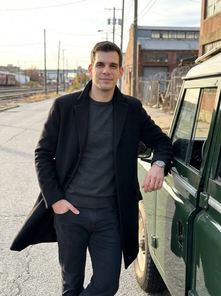 Nikolai, AI character: a quiet Baltimore side street near the freight yard, standing beside his restored dark green 1989 Lada…