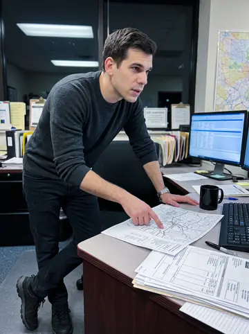 Nikolai, AI character: inside his freight dispatch office in Baltimore, between a cluttered desk, route monitors and a wall map…