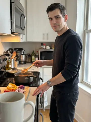 Nikolai, AI character: his apartment kitchen on a Friday morning, a pot of kavarma stew on the stove and a cutting board of…