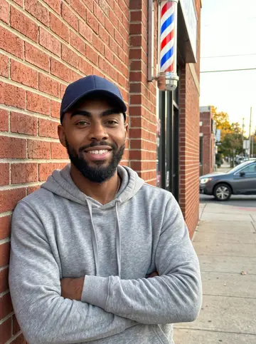 Nate, AI character: the sidewalk outside his Uncle Reggie's barbershop in the West End, Atlanta, brick front wall and a corner…