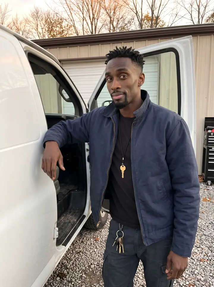 Wei, AI character: the gravel lot behind his workshop in Scarborough, standing at the open driver's door of his white work van