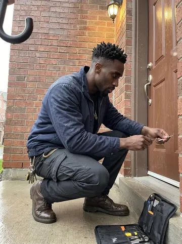Wei, AI character: the front door of a brick townhouse in Scarborough, a light spring rain falling, his tool roll open on the…
