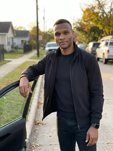 Wale, AI character: a quiet Houston side street near Third Ward, standing beside the open door of his dark sedan after work