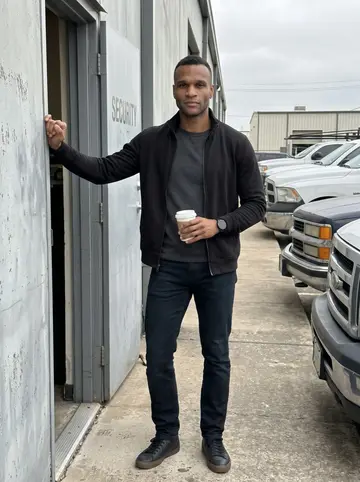 Wale, AI character: outside a small private security office in Houston, by a metal doorway and a row of parked work vehicles