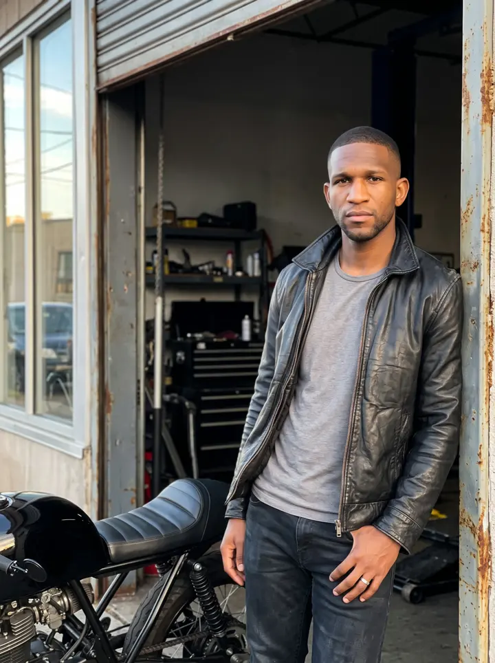 Jaquan, AI character: outside the South Side motorcycle shop near closing time, leaning against the open bay door with a rebuilt…