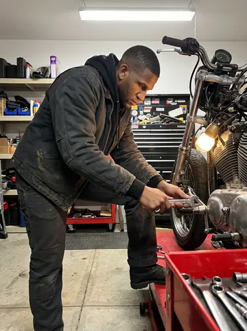 Jaquan, AI character: inside the motorcycle garage on a cold Chicago night, concrete floor, tool chest, half-stripped bike on a lift