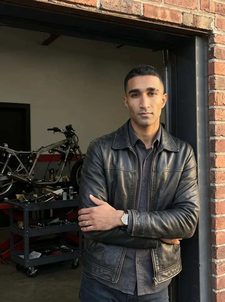 Kojo, AI character: outside the open back bay of the motorcycle shop on Detroit's east side, old brick wall and a half-seen…