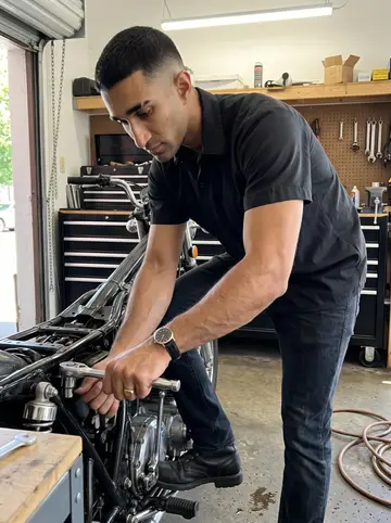 Kojo, AI character: inside the shop's back bay beside the 1978 Honda CB750 he rebuilds after hours
